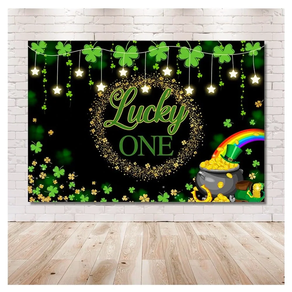 Lucky One 1st Birthday Backdrop, 7 x 5, St. Patrick's Day Green Clover Rainbow
